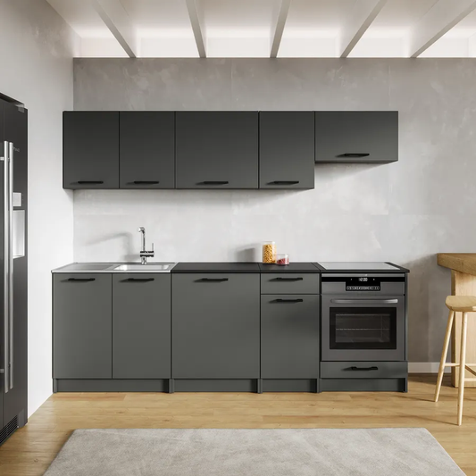 Cucina lineare 240-cm reversibile grafite e top nero con pensili e base per forno mafalda